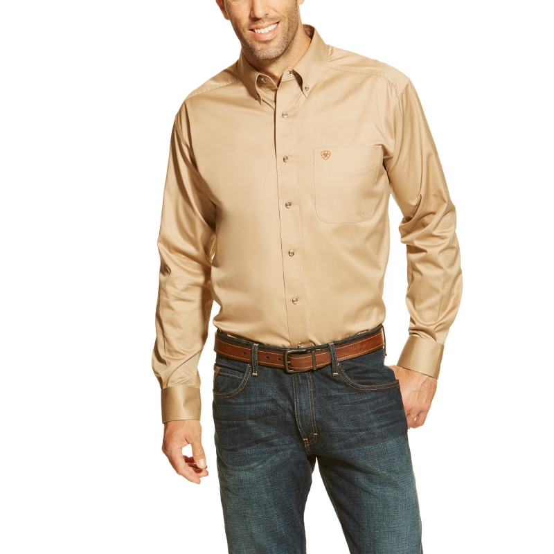 Ariat Solid Cotton Twill Button Front L/S Shirt - Khaki