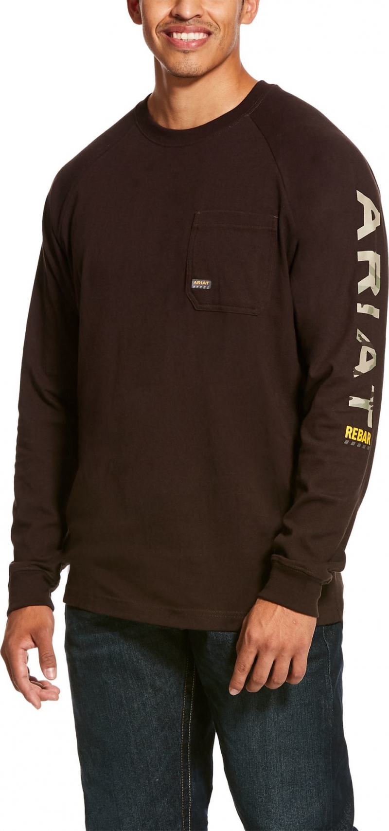 Ariat Rebar Cotton Strong Graphic Logo Crewneck Pocket L/S T-Shirt - Dark Brown