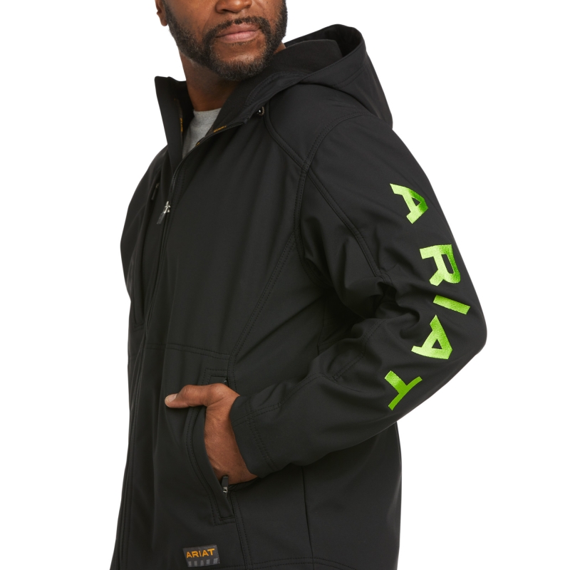 Ariat Rebar Stretch Canvas Softshell Hooded Logo Jacket - Black / Lime