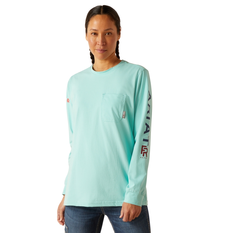 Ariat Women's FR Stretch Logo L/S Shirt - Pool Blue/ Norse Blue