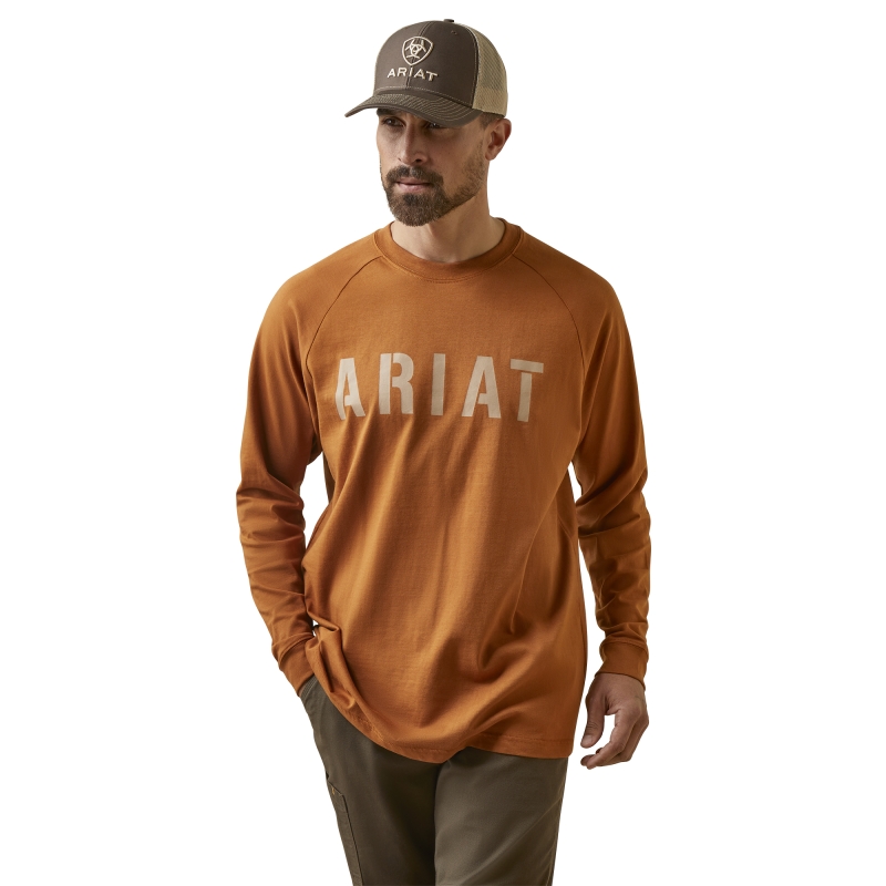 Ariat Rebar Cotton Strong™ Block Logo Crewneck L/S Shirt - Carmel Cafe/ Khaki