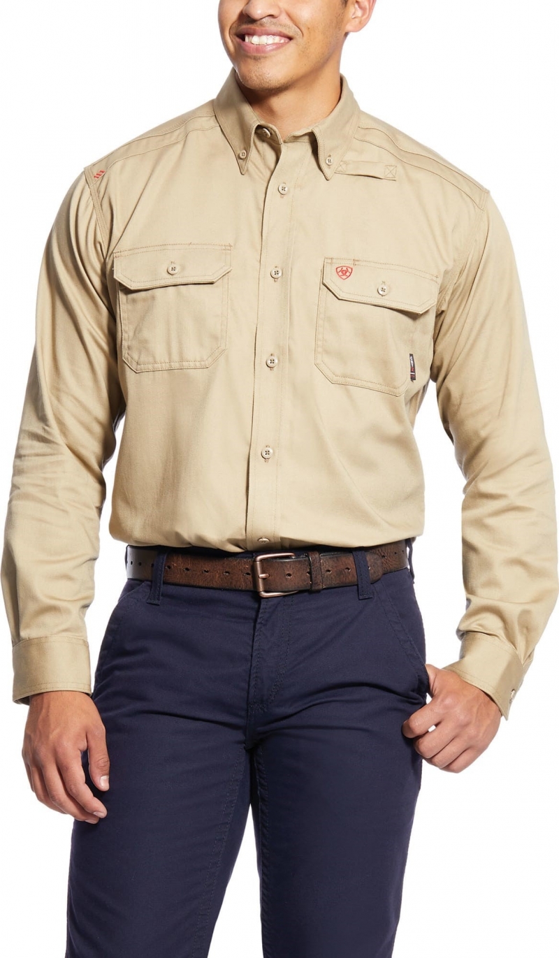 Ariat FR Button Front Solid Work Shirt - Khaki