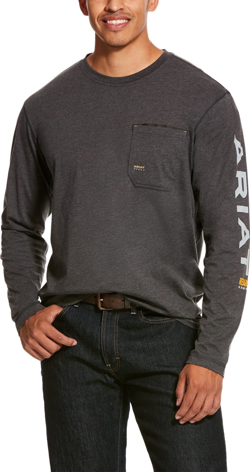 *SALE* LIMITED SIZES & QUANTITIES LEFT!!  Ariat Rebar Workman Graphic Logo Crewneck Pocket L/S Shirt - Charcoal Heather