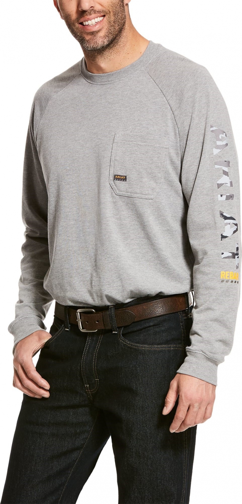 *SALE* LIMITED SIZES & QUANTITIES LEFT!!  Ariat Rebar Cotton Strong Graphic Logo Crewneck Pocket L/S T-Shirt - Heather Grey