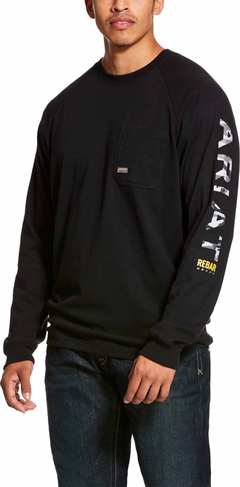 *SALE* ONLY XL & 2XL LEFT!!  Ariat Rebar Cotton Strong Graphic Logo Crewneck Pocket L/S T-Shirt - Black