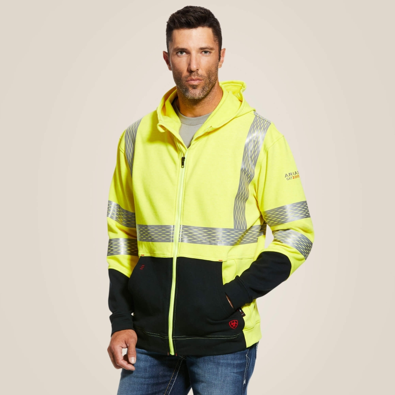 Ariat FR HI-VIS Dual Hazard Hooded Zip-Front Sweatshirt - Hi-Vis Yellow/ Black