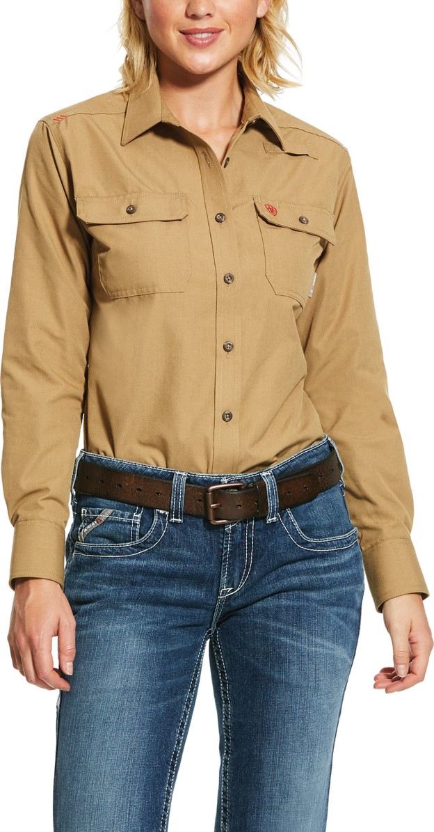 *SALE* LIMITED SIZES & QUANTITIES LEFT!!  Ariat Women's FR Featherlight Button Front L/S Work Shirt - Khaki