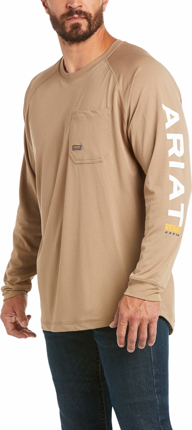 Ariat Rebar Heat Fighter Graphic Logo Crewneck Pocket L/S Shirt - Khaki