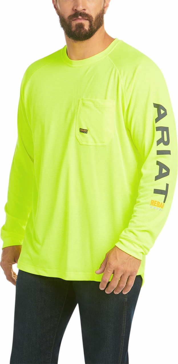 Ariat Rebar Heat Fighter Graphic Logo Crewneck Pocket L/S Shirt - Neon Lime