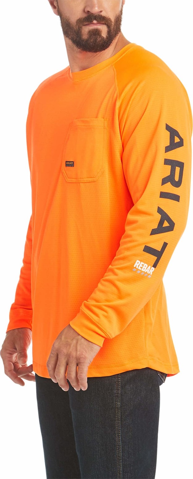 Ariat Rebar Heat Fighter Graphic Logo Crewneck Pocket L/S Shirt - Neon Orange