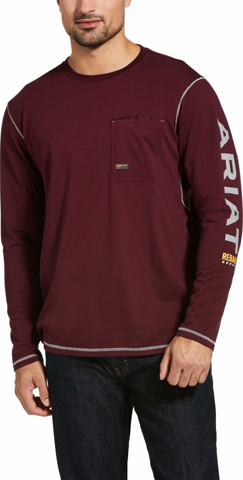 Ariat Rebar Workman Graphic Logo Crewneck Pocket L/S Shirt - Malbec