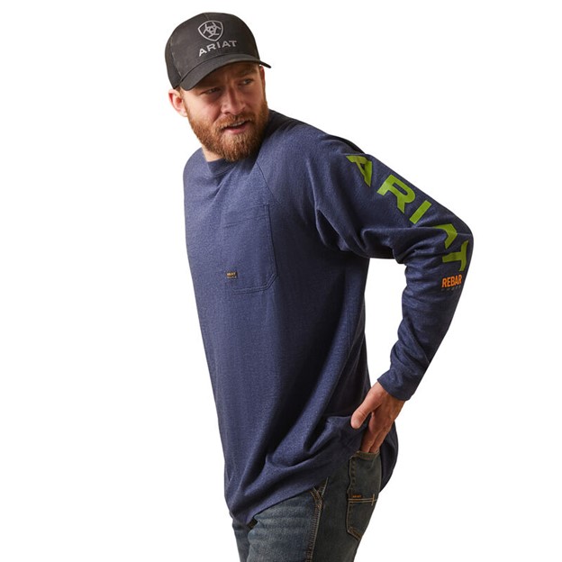 *SALE* LIMITED SIZES & QUANTITIES LEFT!!  Ariat Rebar Cotton Strong Graphic Logo Crewneck Pocket L/S Shirt - Navy Heather