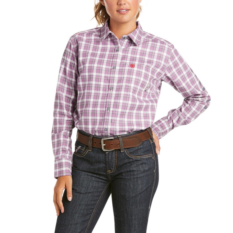 *SALE* ONLY ONE 3X-PLUS LEFT!! Ariat Women's FR AJA Logo Button Front L/S Work Shirt - Lavender Plaid