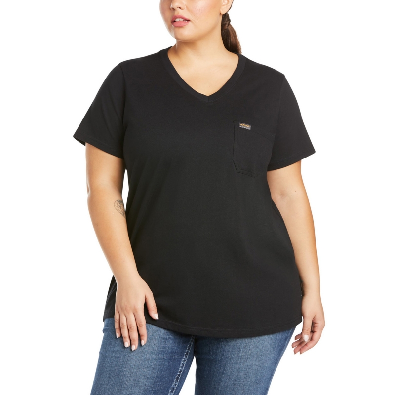 *SALE* LIMITED SIZES & QUANTITIES LEFT!!  Ariat Women's Rebar Cotton Strong Pocket V-Neck S/S Shirt - Black