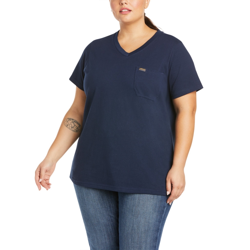 *SALE* ONLY X-SMALL & 2XL LEFT!! Ariat Women's Rebar Cotton Strong Pocket V-Neck S/S Shirt - Navy