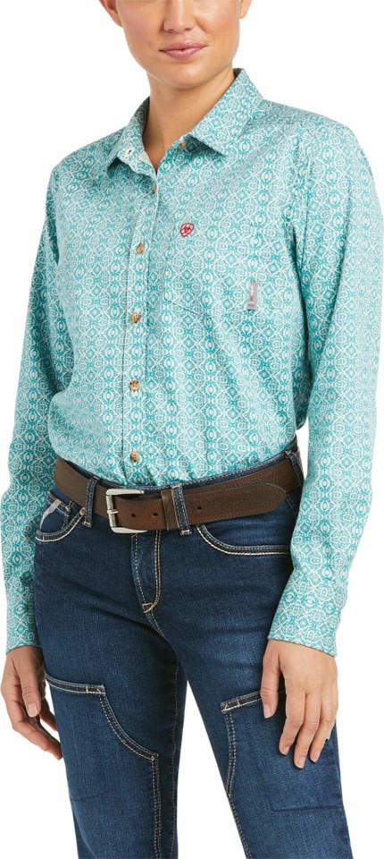 Ariat Women's FR Flora Button Front L/S Work Shirt - Turquoise Delight