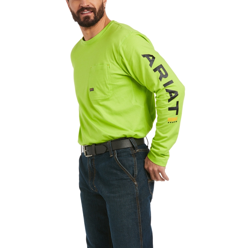 Ariat Rebar Workman Graphic Logo Crewneck Pocket L/S Shirt - Lime Heather/ Black