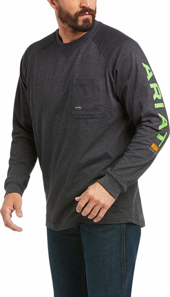 *SALE* ONLY LT - XLT - 2XLT LEFT!!  Ariat Rebar Cotton Strong Graphic Logo Crewneck Pocket L/S Shirt - Charcoal Heather/ Lime