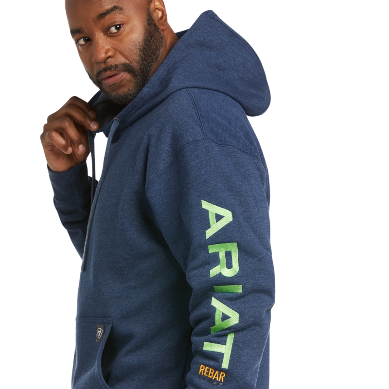 Ariat Rebar Graphic Sleeve Hooded Pullover Sweatshirt - Navy Heather/ Lime