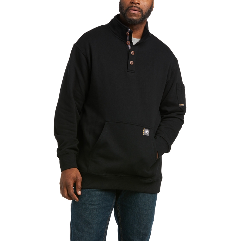 Ariat Rebar Overtime Fleece Quarter-Button Collar Mock Neck Sweatshirt - Black