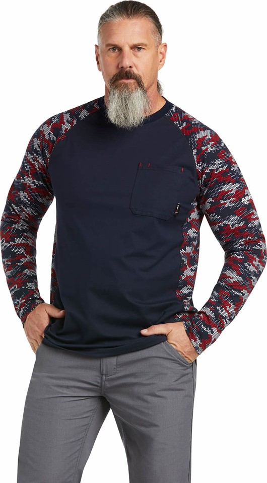 *SALE* LIMITED SIZES & QUANTITIES LEFT!!  Ariat FR Stretch Camo Baseball L/S Shirt - Navy/Gray/Red Digi Camo