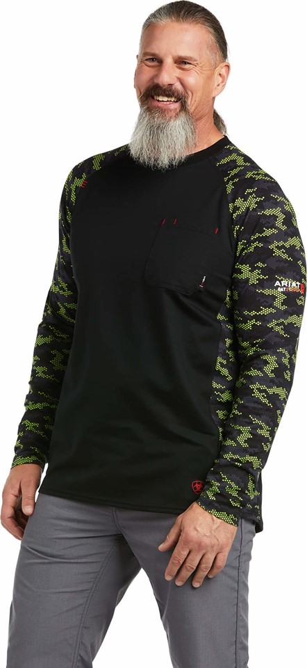 Ariat FR Stretch Camo Baseball L/S Shirt - Black/ Lime Digi Camo