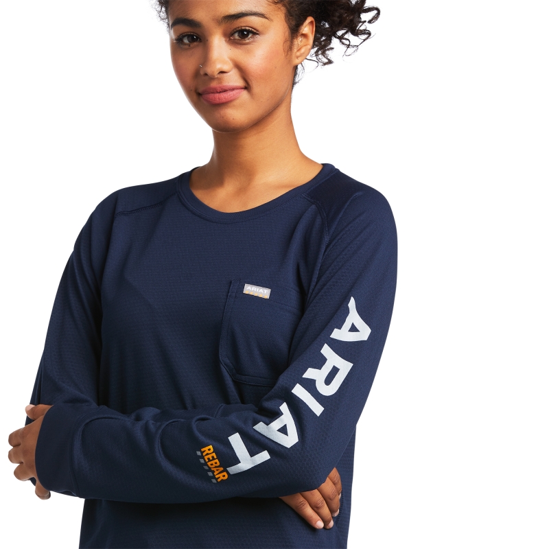 *SALE* LIMITED SIZES & QUANTITIES LEFT!!  Ariat Women's Rebar Heat Fighter Logo Graphic L/S Shirt - Navy Eclipse