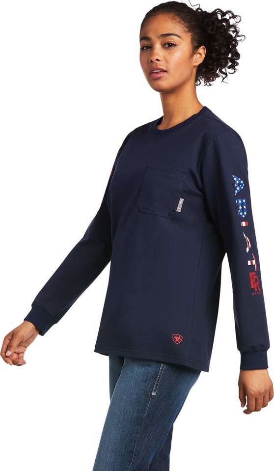 *SALE* LIMITED SIZES & QUANTITIES LEFT!!  Ariat Women's FR Stretch Logo L/S Shirt - Navy/ USA