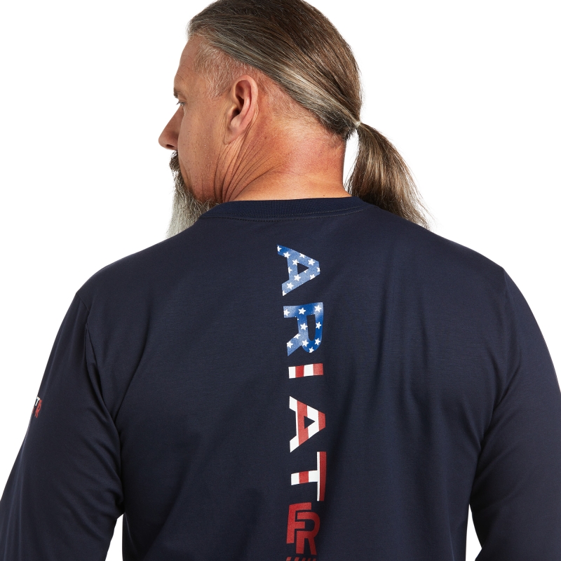 *SALE* LIMITED SIZES & QUANTITIES LEFT!!  Ariat FR Stretch Logo Pocket L/S Shirt - Navy/ USA