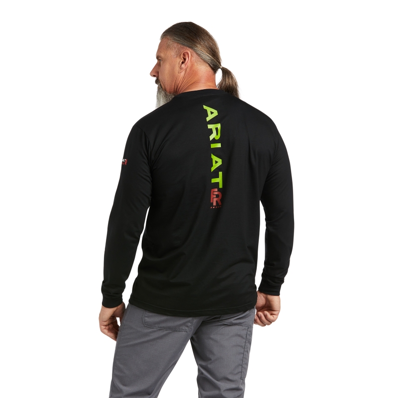 *SALE* LIMITED SIZES & QUANTITIES LEFT!!  Ariat FR Stretch Logo Pocket L/S Shirt - Black/ Lime