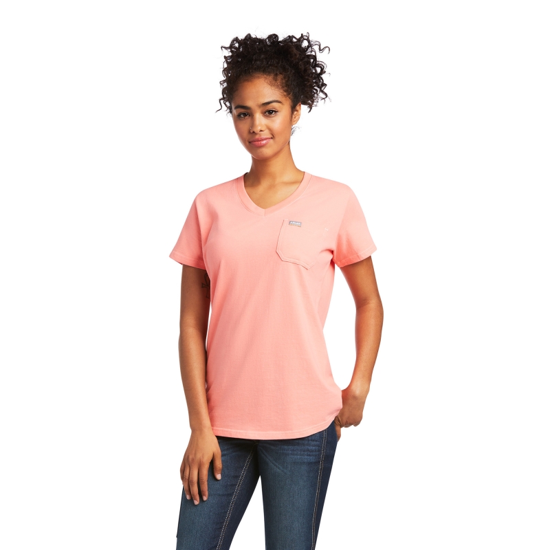 *SALE* LIMITED SIZES & QUANTITIES LEFT!! Ariat Women's Rebar Cotton Strong V-Neck Pocket S/S Shirt - Summer Melon