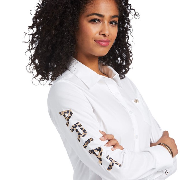 Ariat Women's Team Kirby Stretch Shirt Button Front L/S Shirt - White/ Leopard Logo