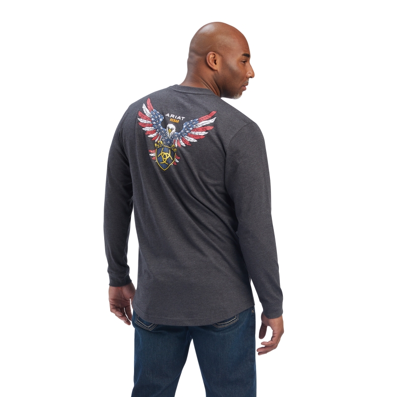 Ariat Rebar Cotton Strong American Raptor Crewneck Pocket L/S Shirt - Charcoal Heather