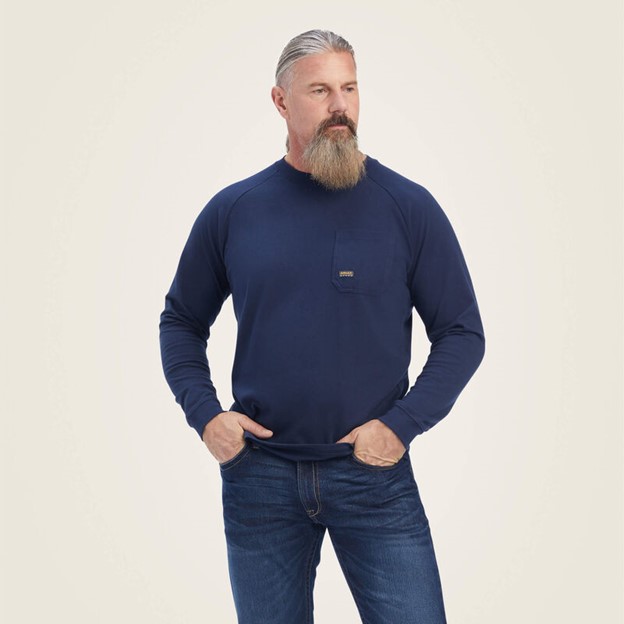*SALE* LIMITED SIZES & QUANTITIES LEFT!!  Ariat Rebar Cotton Crewneck Strong Pocket L/S Shirt - Navy