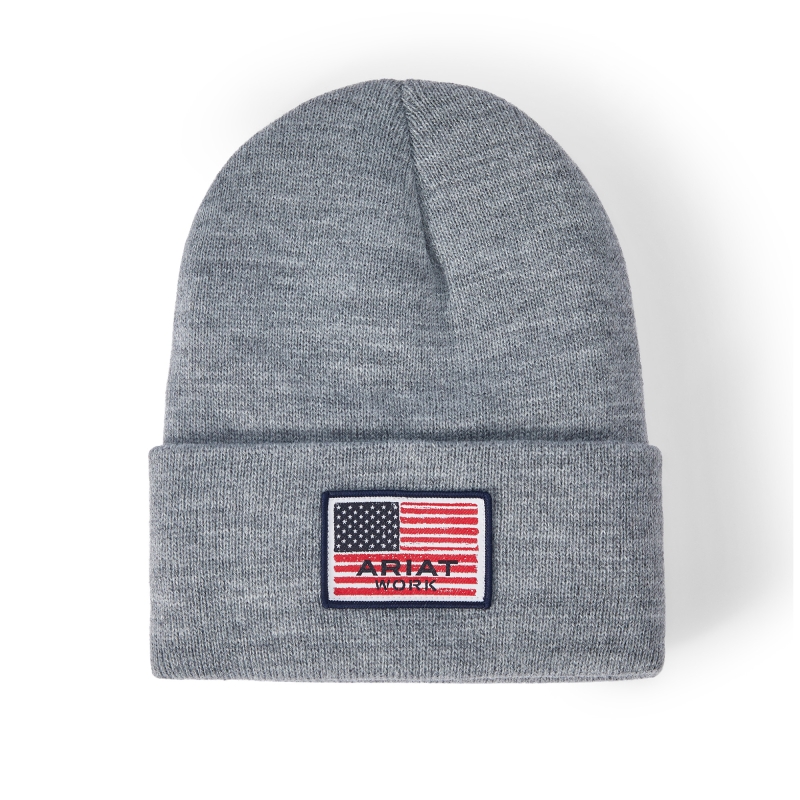 *SALE* LIMITED STOCK LEFT!! Ariat Rebar American Flag Patch Beanie - Heather Grey