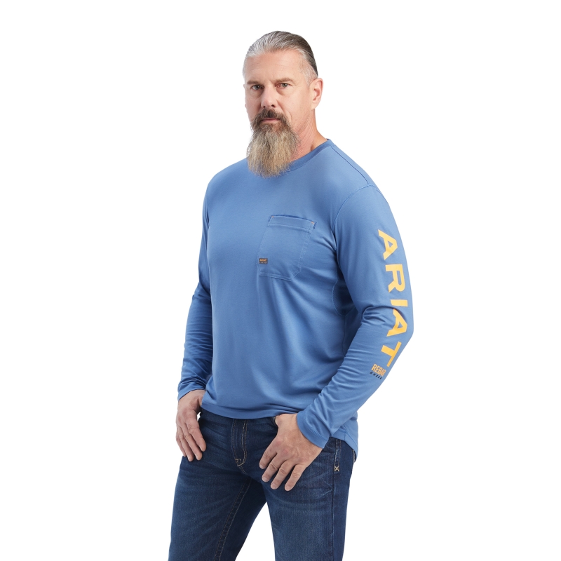 *SALE* LIMITED SIZES & QUANTITIES LEFT!!  Ariat Rebar Workman Graphic Logo Crewneck Pocket L/S Shirt - Navy Heather / Rebar Orange