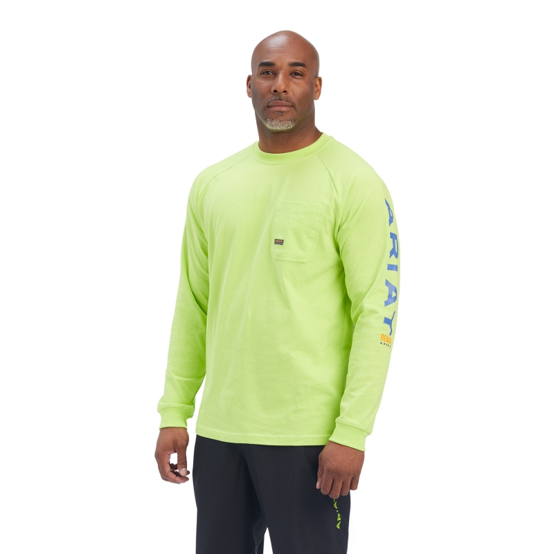 Ariat Rebar Cotton Strong Graphic Logo Crewneck Pocket L/S Shirt - Lime Green