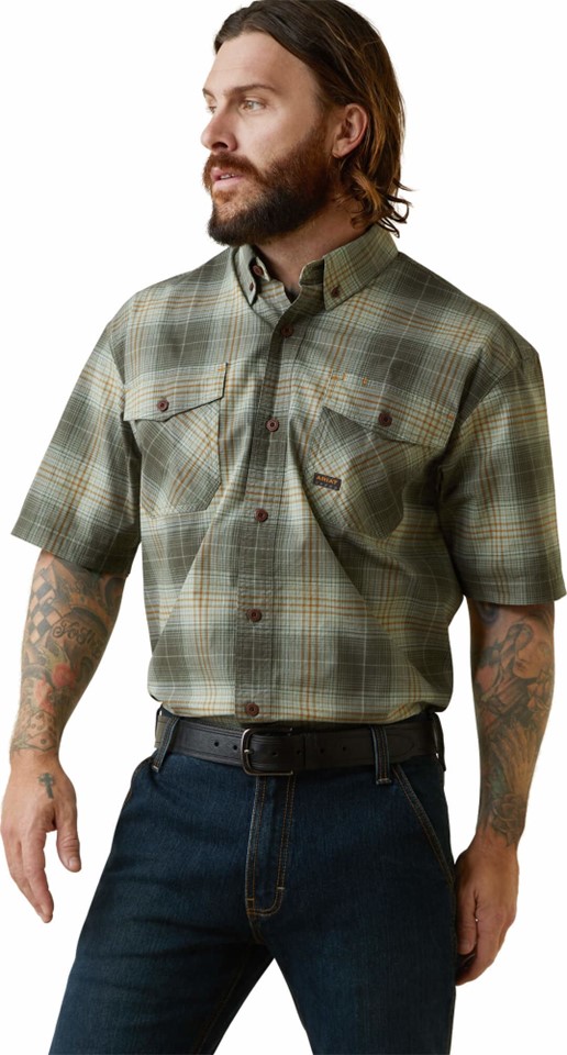 Ariat Rebar Made Tough DuraStretch Button Front S/S Work Shirt - Silt Green Plaid