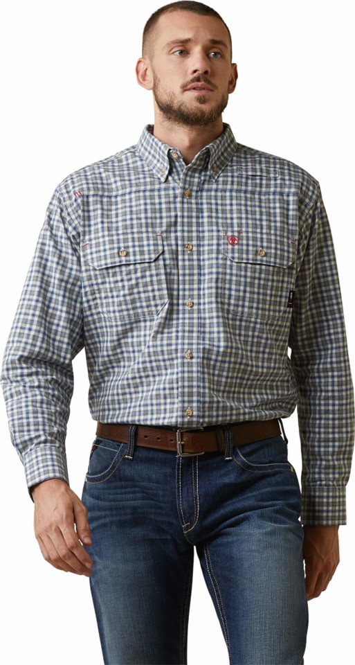 *SALE* LIMITED SIZES & QUANTITIES LEFT!!  Ariat FR Button Front Plaid Featherlight Work Shirt - Clear Sky Plaid