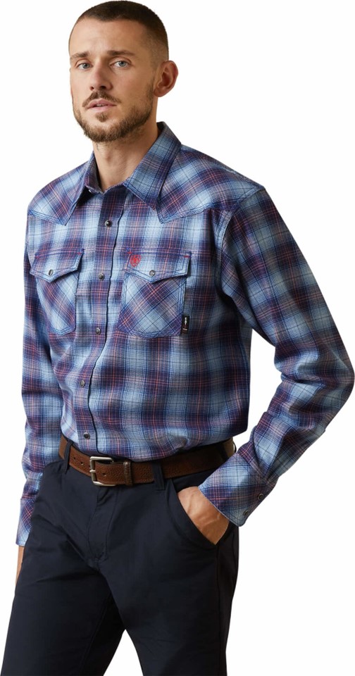 *SALE* ONLY L & 4XL LEFT!! Ariat FR Dagger Retro Snap Front L/S Work Shirt - Clear Sky Plaid