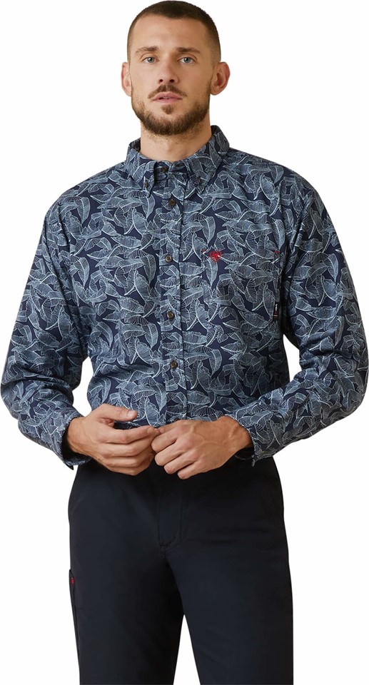 Ariat FR Button Front Nighthawk Stretch Work Shirt - Navy Leaf Print