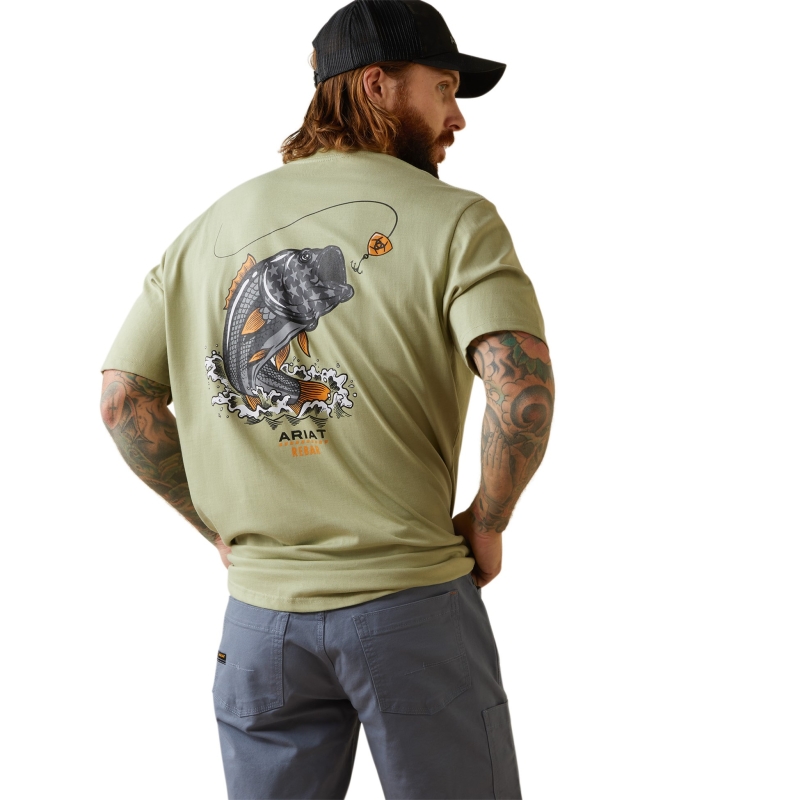 Ariat Rebar Cotton Strong American Bass Crewneck Pocket S/S Shirt - Desert Sage Heather