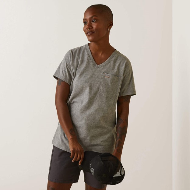 *SALE* LIMITED SIZES & QUANTITIES LEFT!!  Ariat Women's Rebar Workman Pocket V-Neck S/S Shirt - Heather Grey