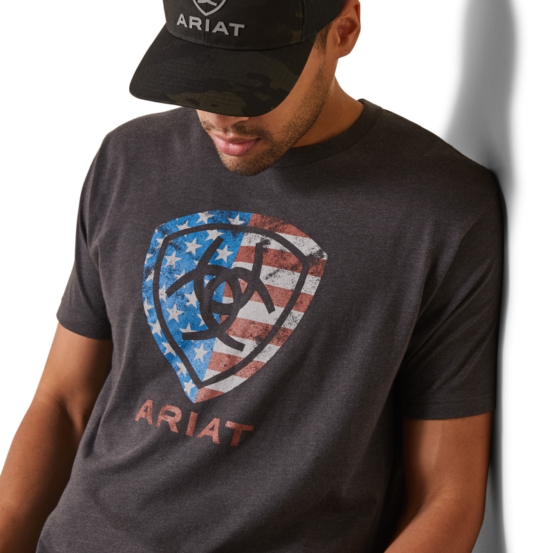 **SALE - ONLY (1) SMALL LEFT** Ariat American Shield Crewneck S/S Shirt - Charcoal Heather
