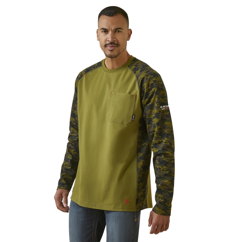 *SALE* LIMITED SIZES & QUANTITIES LEFT!!  Ariat FR Stretch Camo Baseball L/S Shirt - Avocado / Digi Camo
