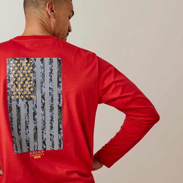 *SALE* LIMITED SIZES & QUANTITIES LEFT!!  Ariat Rebar Workman Reflective Flag Graphic Pocket L/S Shirt - Pompeian Red