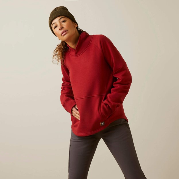 *SALE* LIMITED SIZES & QUANTITIES LEFT!!  Ariat Women's Rebar Workman Oversized Funnel Sweatshirt - Red Dahlia