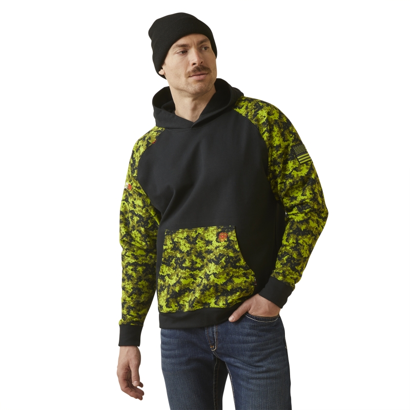 *SALE* LIMITED SIZES & QUANTITIES LEFT!!  Ariat FR Durastretchâ„¢ Patriot Hooded Pullover Sweatshirt - Black/ Lime Digi Camo