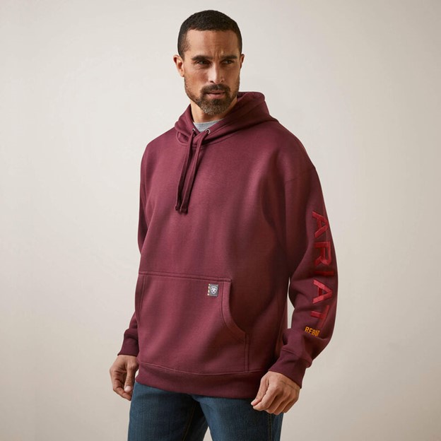 Ariat Rebar Graphic Sleeve Hooded Pullover Sweatshirt - Malbec/ Grey