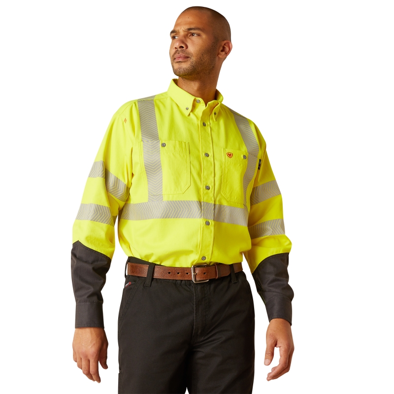*SALE* LIMITED SIZES & QUANTITIES LEFT!!  Ariat FR HI-VIS Class 3 Button Front Ripstop Work Shirt - Hi-Vis Yellow/ Black
